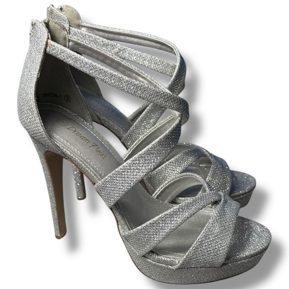 Dream Pairs Silver Glitter Platform Stiletto Rhinestone Strappy Formal Heels 9